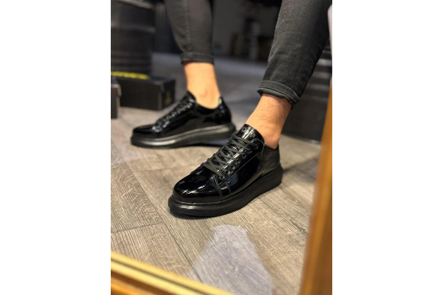 Shoecide Yüksek Taban Günlük Ayakkabı 044 Siyah Rugan (siyah Taban)