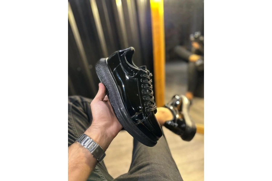 Shoecide Yüksek Taban Günlük Ayakkabı 044 Siyah Rugan (siyah Taban)