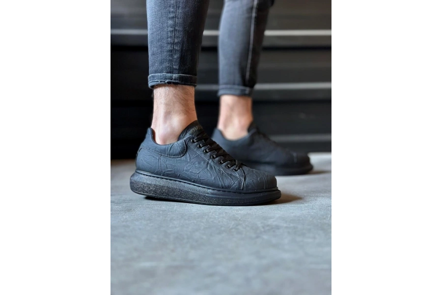 Shoecide Yüksek Taban Günlük Ayakkabı 044 Siyah Siyah Taban (desenli)