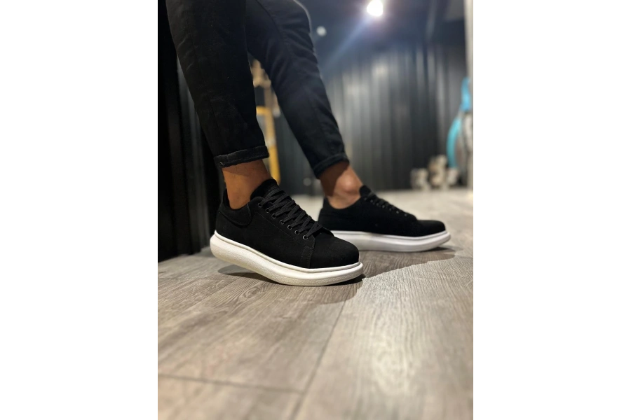 Shoecide Yüksek Taban Günlük Ayakkabı 044 Siyah Süet (beyaz Taban)