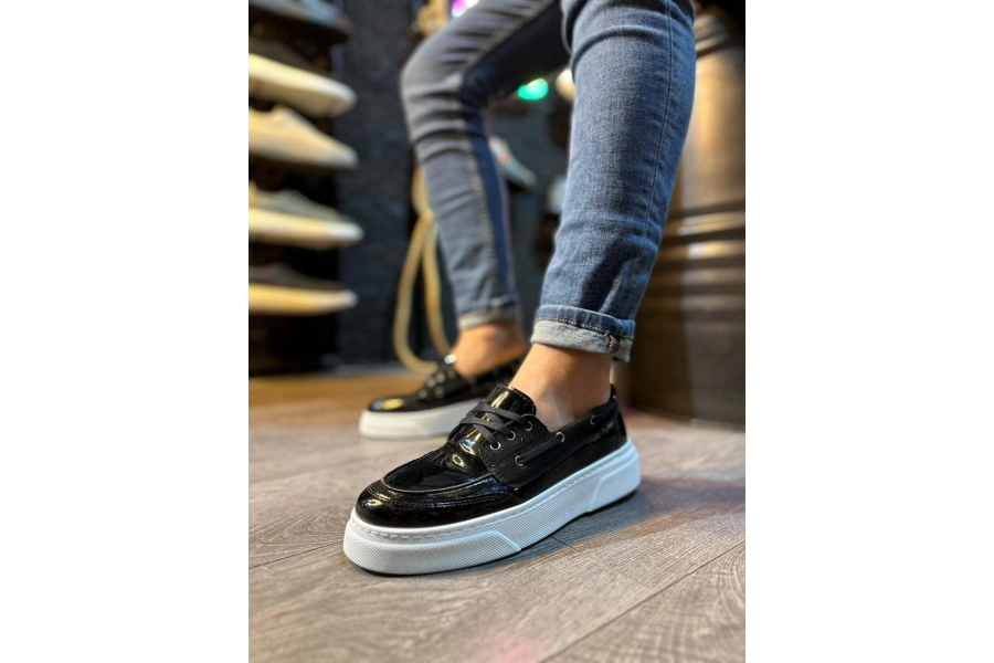 Shoecide Yüksek Taban Günlük Ayakkabı 700 Siyah Rugan (beyaz Taban)