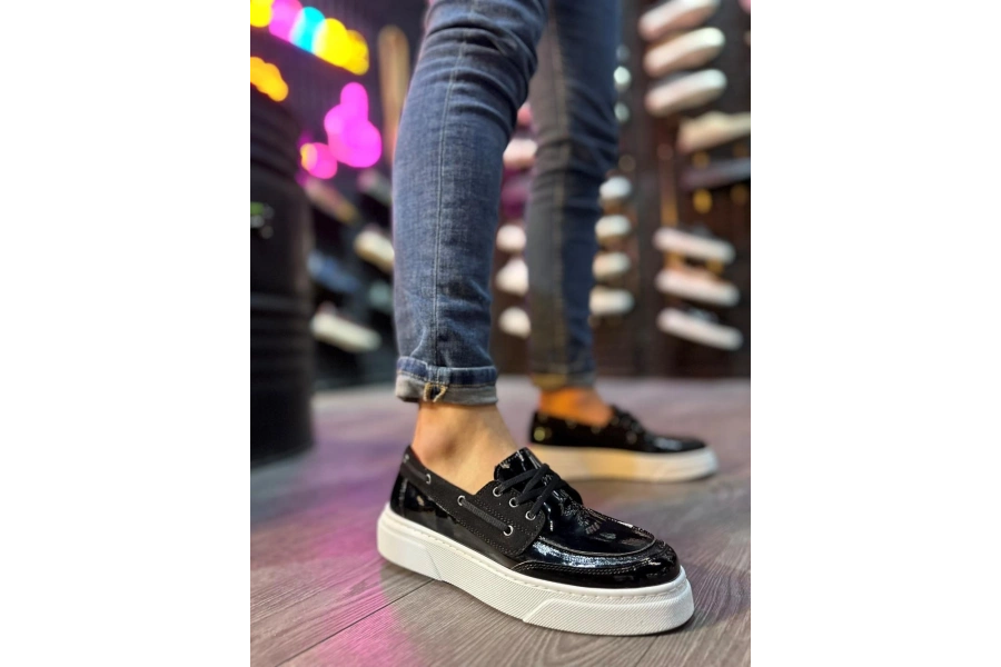 Shoecide Yüksek Taban Günlük Ayakkabı 700 Siyah Rugan (beyaz Taban)