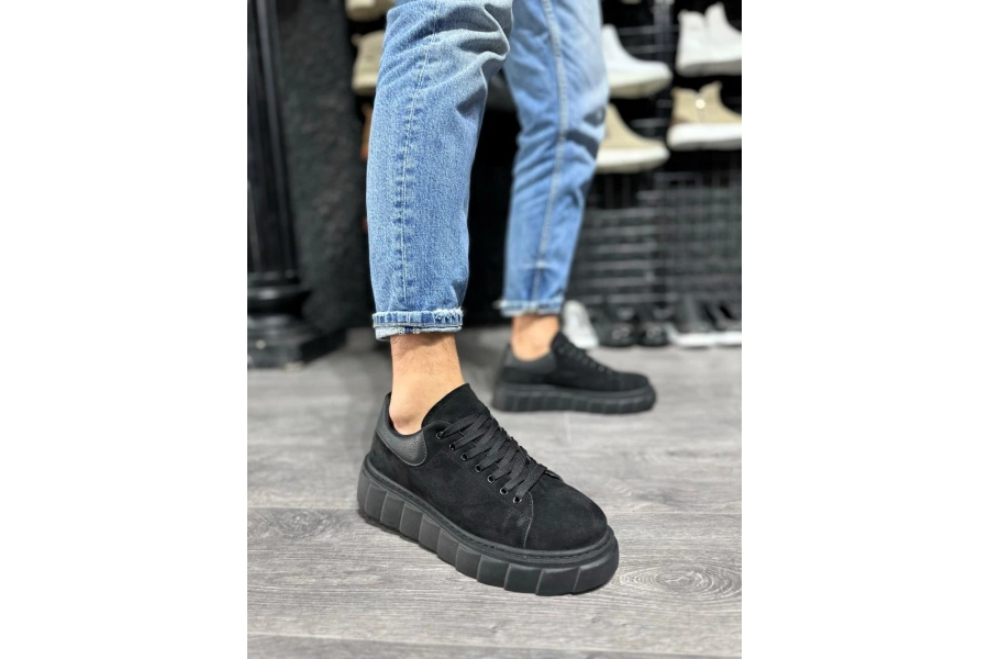 Shoecide Yüksek Taban Günlük Süet Ayakkabı 144  Siyah (siyah Taban)