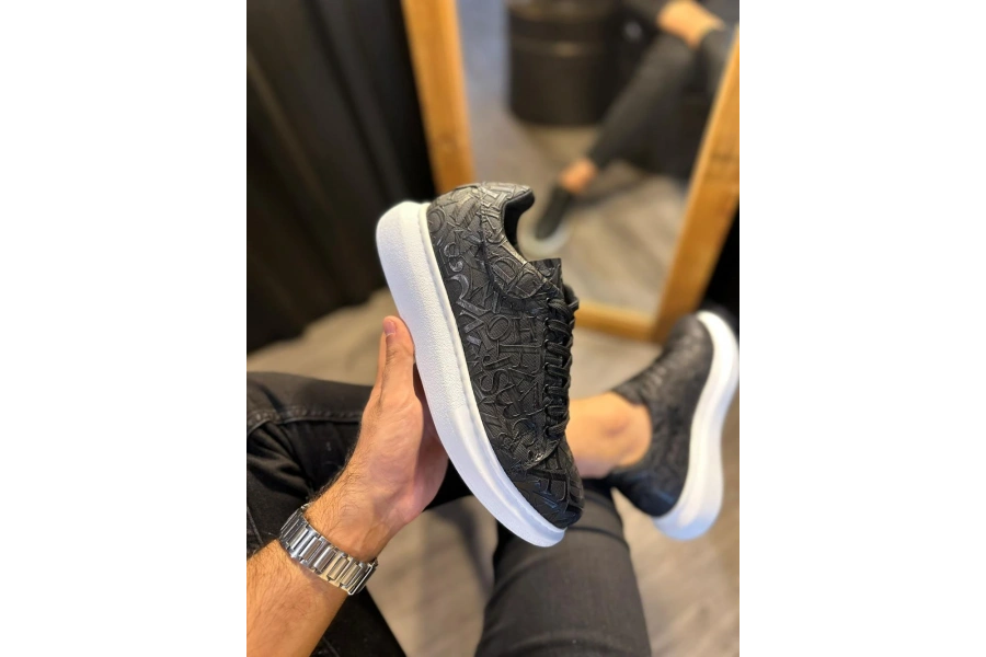 Shoecide Yüksek Taban Harf Desenli Günlük Ayakkabı 047 Siyah (beyaz Taban)