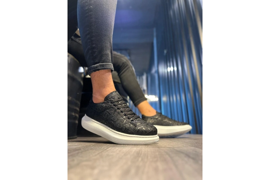 Shoecide Yüksek Taban Harf Desenli Günlük Ayakkabı 047 Siyah (beyaz Taban)