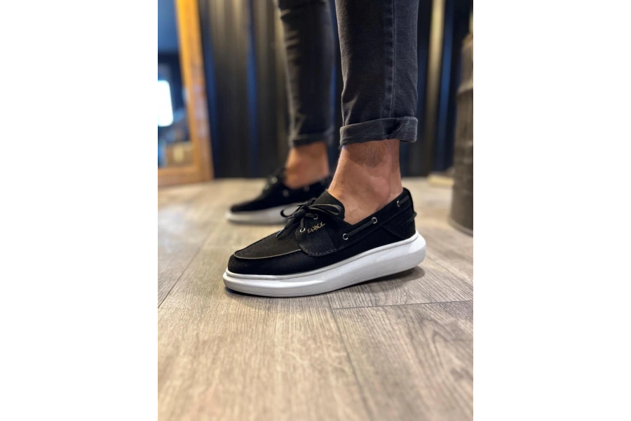 Shoecide Yüksek Taban Mevsimlik Süet Ayakkabı 009 Siyah (beyaz Taban)