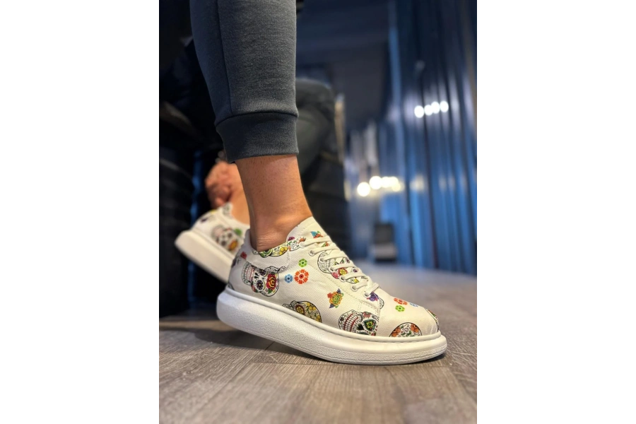 Shoecide Yüksek Taban Renkli Baskılı Günlük Ayakkabı 046 Beyaz Kurukafa