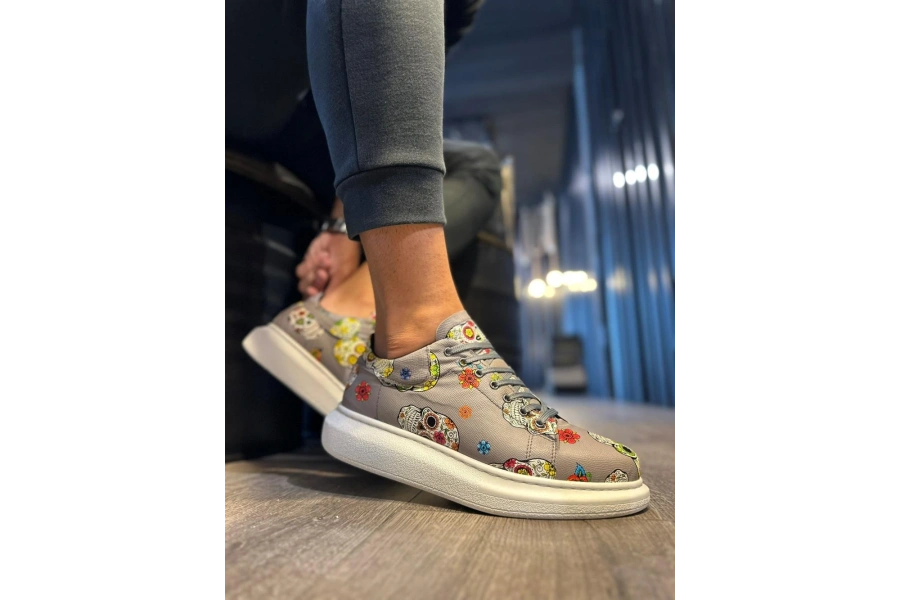 Shoecide Yüksek Taban Renkli Baskılı Günlük Ayakkabı 046 Gri