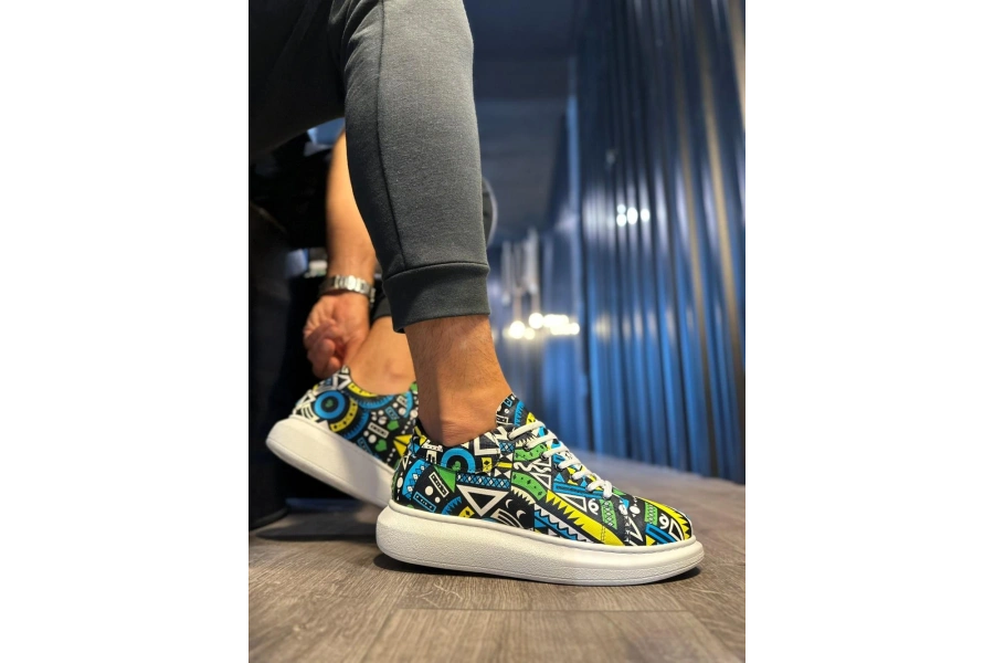 Shoecide Yüksek Taban Renkli Baskılı Günlük Ayakkabı 046 Sarı (beyaz Taban)