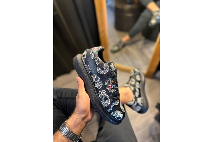 Shoecide Yüksek Taban Renkli Baskılı Günlük Ayakkabı 046 Siyah Kurukafa