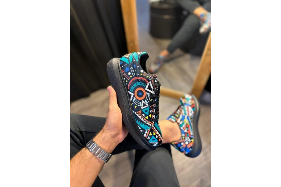 Shoecide Yüksek Taban Renkli Baskılı Günlük Ayakkabı 046 Siyah (siyah Taban)