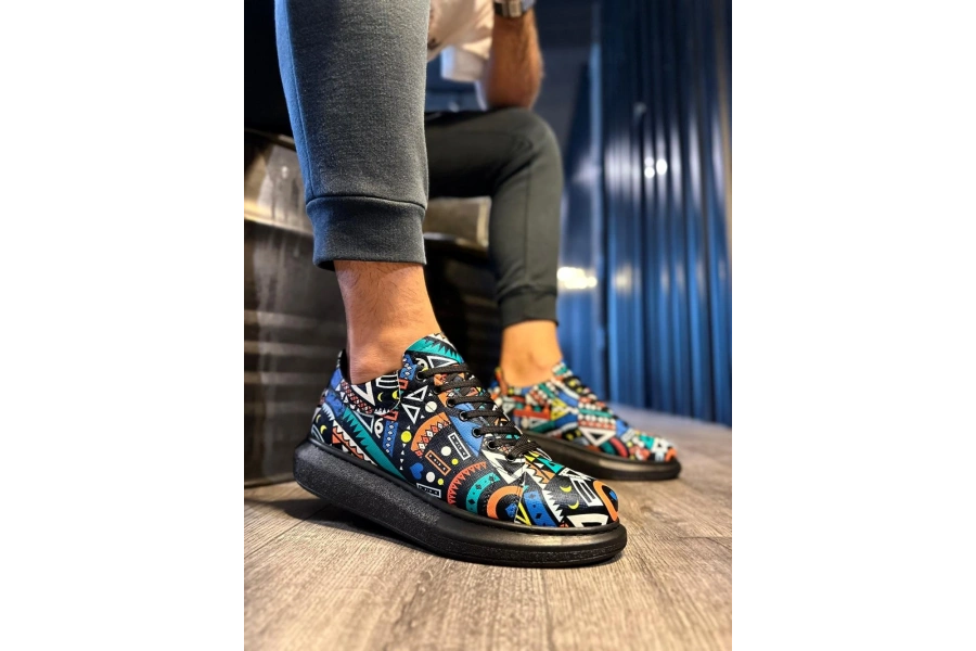 Shoecide Yüksek Taban Renkli Baskılı Günlük Ayakkabı 046 Siyah (siyah Taban)