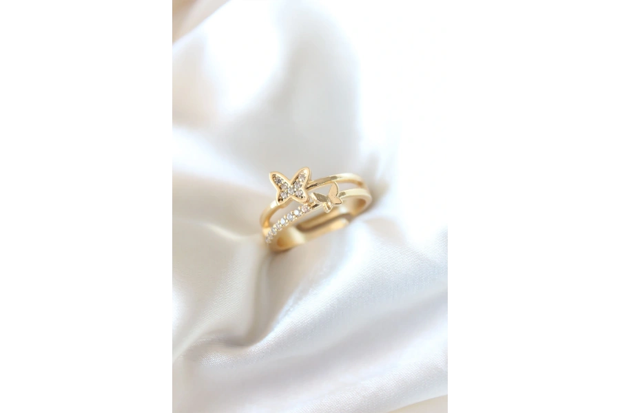 Shoecide Zirkon Taşlı Altın Kaplama Kelebek Kadın Yüzük