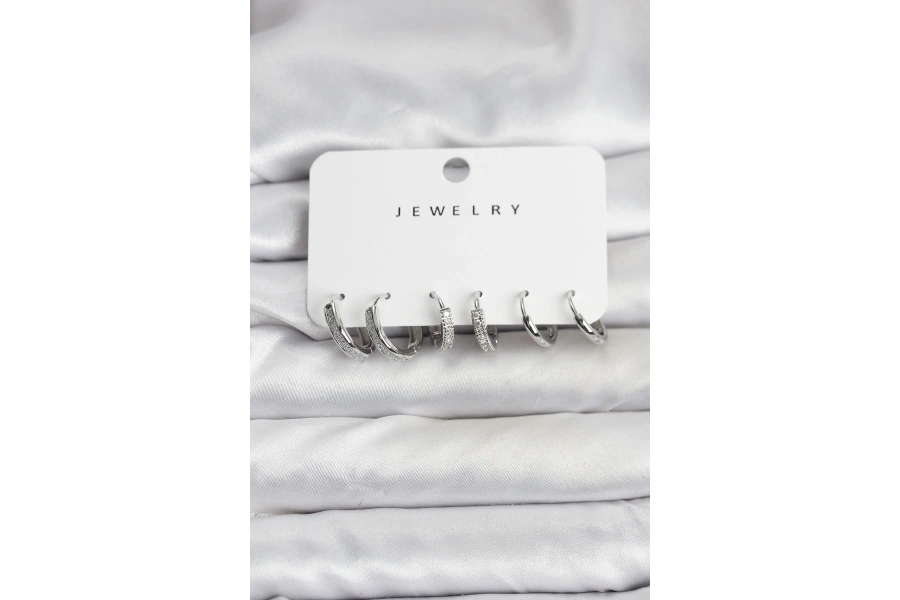 Shoecide Zirkon Taşlı Gümüş Renk Pirinç Kadın Küpe Seti