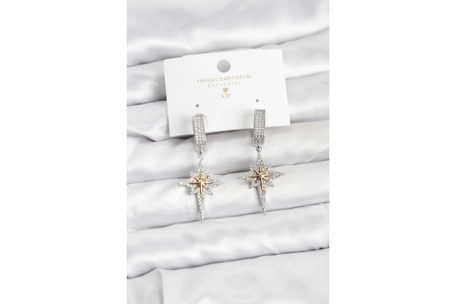 Shoecide Zirkon Taşlı Gümüş Renk Pirinç Kutup Yıldızı Model Kadın Küpe