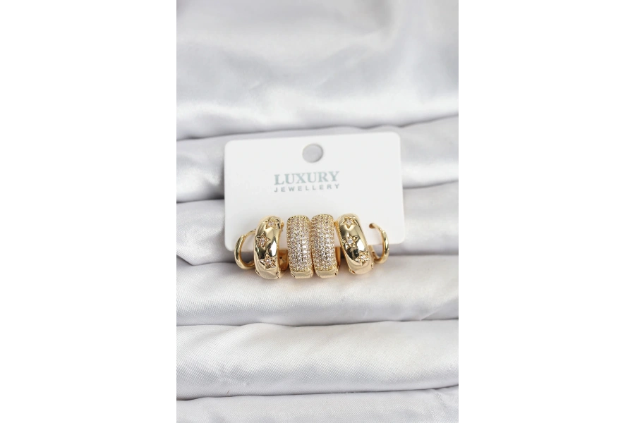 Shoecide Zirkon Taşlı Pirinç Gold Renk Halka Kadın Küpe Seti