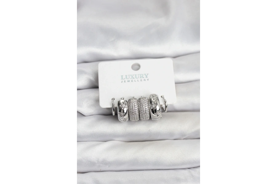 Shoecide Zirkon Taşlı Pirinç Gümüş Renk Halka Kadın Küpe Seti