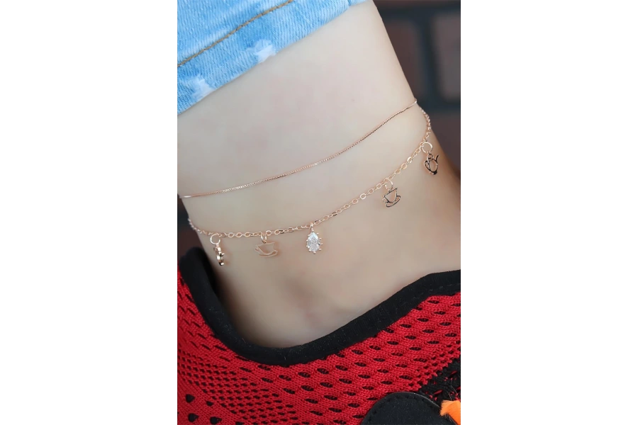 Shoecide Zirkon Taşlı Rose Renk Çift Zincirli Hal Hal