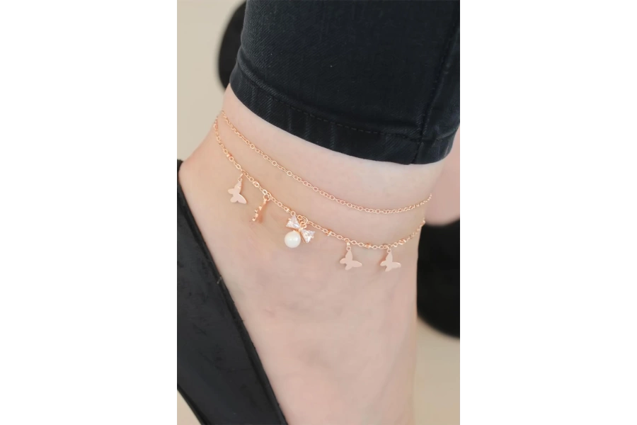 Shoecide Zirkon Taşlı Rose Renk Çift Zincirli İncili Kelebek Hal Hal
