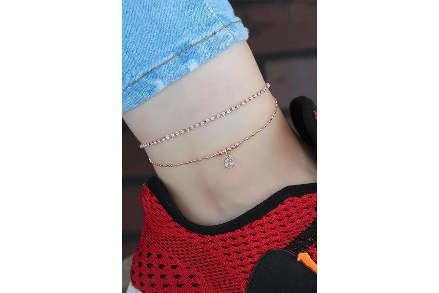 Shoecide Zirkon Taşlı Rose Renk Kaplama Çift Zincirli Hal Hal