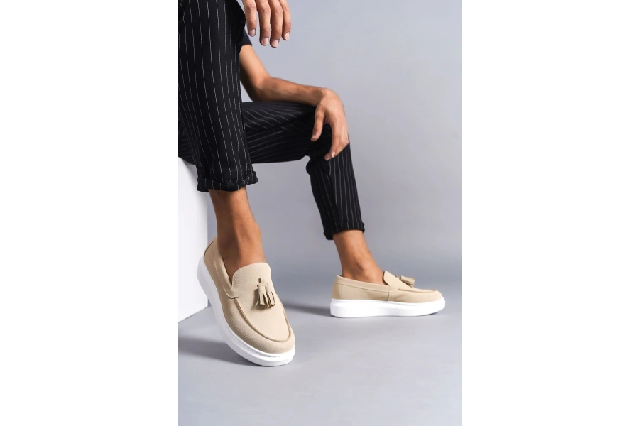 Swo154 Blaze Bağcıksız Püsküllü Süet Erkek Günlük Spor Klasik Ayakkabı Sbt - Krem