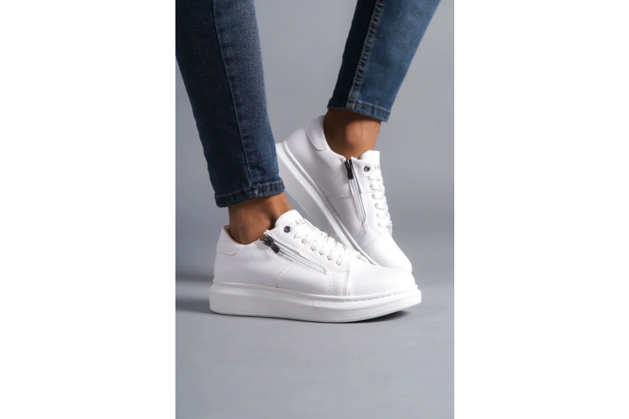 Swo155 Warrior Bağcıklı Ve Fermuarlı Cilt Erkek Günlük Sneaker Ayakkabı Cbt - Beyaz