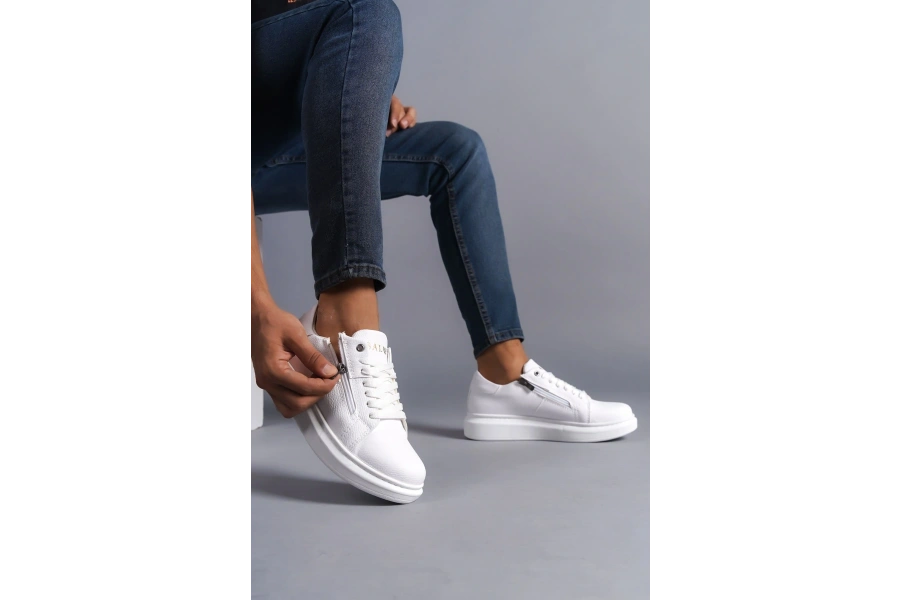 Swo155 Warrior Bağcıklı Ve Fermuarlı Cilt Erkek Günlük Sneaker Ayakkabı Cbt - Beyaz