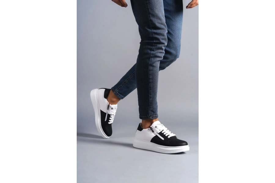 Swo155 Warrior Bağcıklı Ve Fermuarlı Cilt Erkek Günlük Sneaker Ayakkabı Cbt - Beyaz/siyah