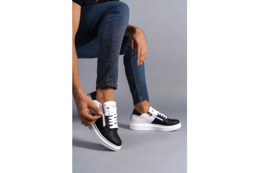Swo155 Warrior Bağcıklı Ve Fermuarlı Cilt Erkek Günlük Sneaker Ayakkabı Cbt - Beyaz/siyah