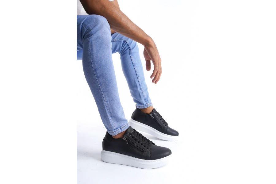 Swo155 Warrior Bağcıklı Ve Fermuarlı Cilt Erkek Günlük Sneaker Ayakkabı Cbt - Siyah