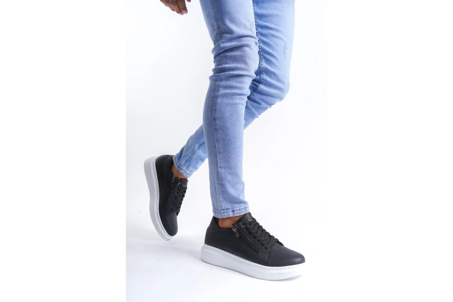 Swo155 Warrior Bağcıklı Ve Fermuarlı Cilt Erkek Günlük Sneaker Ayakkabı Cbt - Siyah