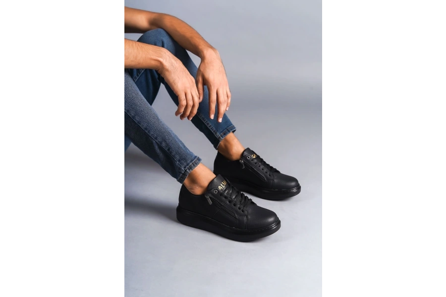 Swo155 Warrior Bağcıklı Ve Fermuarlı Cilt Erkek Günlük Sneaker Ayakkabı Cst - Siyah