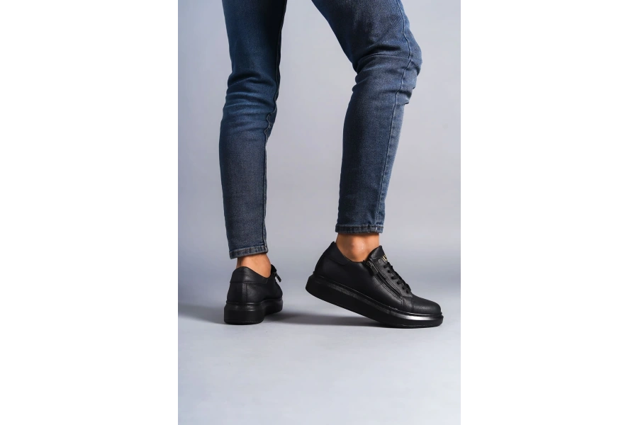 Swo155 Warrior Bağcıklı Ve Fermuarlı Cilt Erkek Günlük Sneaker Ayakkabı Cst - Siyah