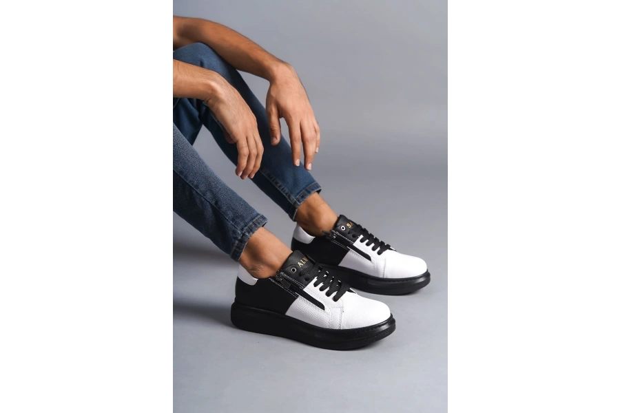 Swo155 Warrior Bağcıklı Ve Fermuarlı Cilt Erkek Günlük Sneaker Ayakkabı Cst - Siyah/beyaz