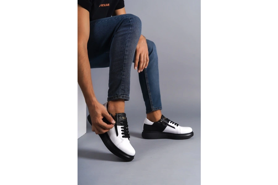 Swo155 Warrior Bağcıklı Ve Fermuarlı Cilt Erkek Günlük Sneaker Ayakkabı Cst - Siyah/beyaz