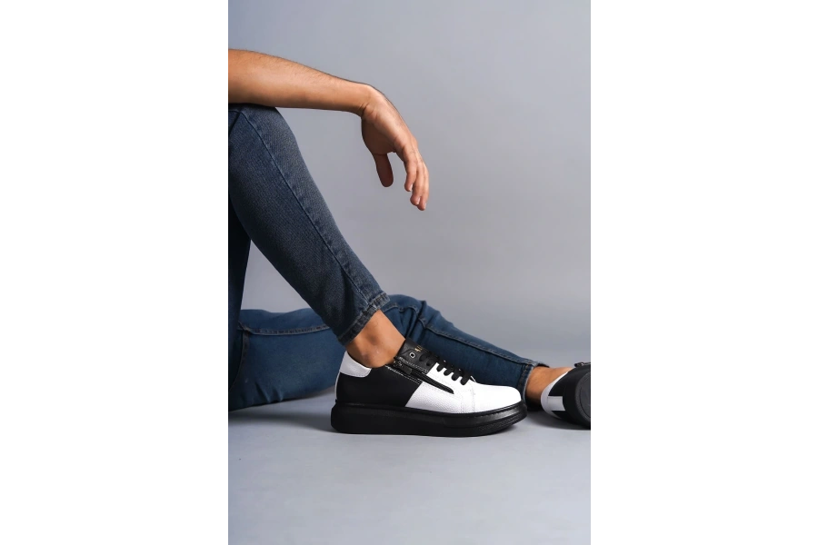 Swo155 Warrior Bağcıklı Ve Fermuarlı Cilt Erkek Günlük Sneaker Ayakkabı Cst - Siyah/beyaz