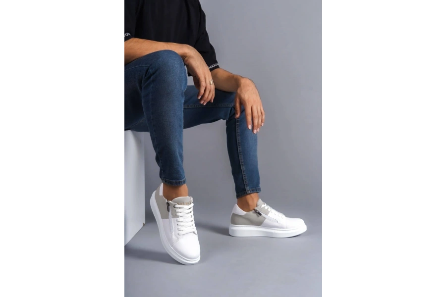 Swo155 Warrior Bağcıklı Ve Fermuarlı Cilt Süet Erkek Günlük Sneaker Ayakkabı Csbt - Beyaz/gri