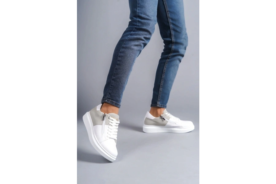 Swo155 Warrior Bağcıklı Ve Fermuarlı Cilt Süet Erkek Günlük Sneaker Ayakkabı Csbt - Beyaz/gri