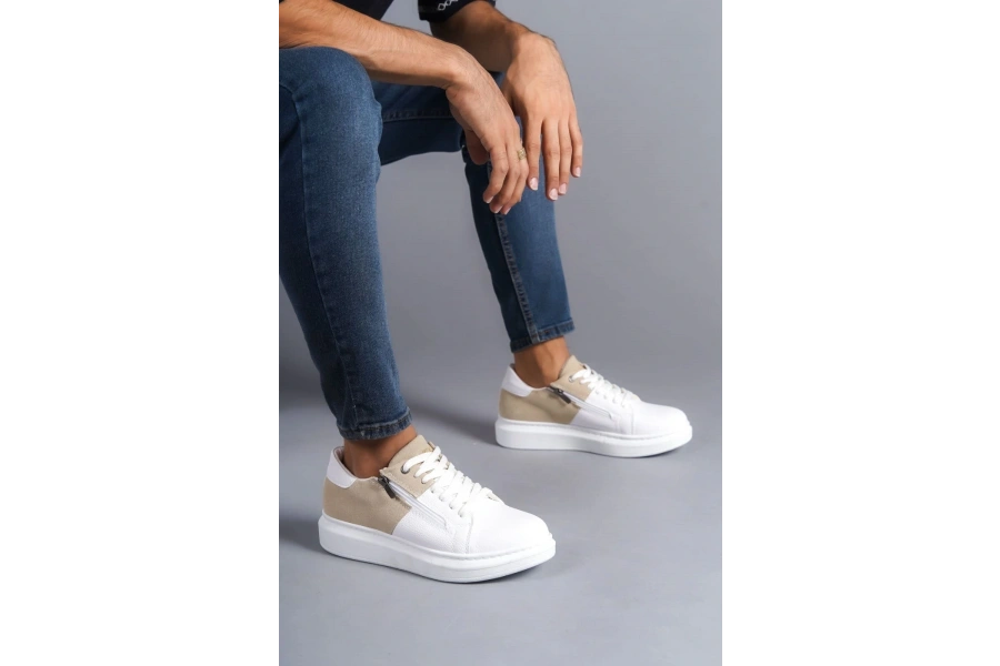 Swo155 Warrior Bağcıklı Ve Fermuarlı Cilt Süet Erkek Günlük Sneaker Ayakkabı Csbt - Beyaz/krem