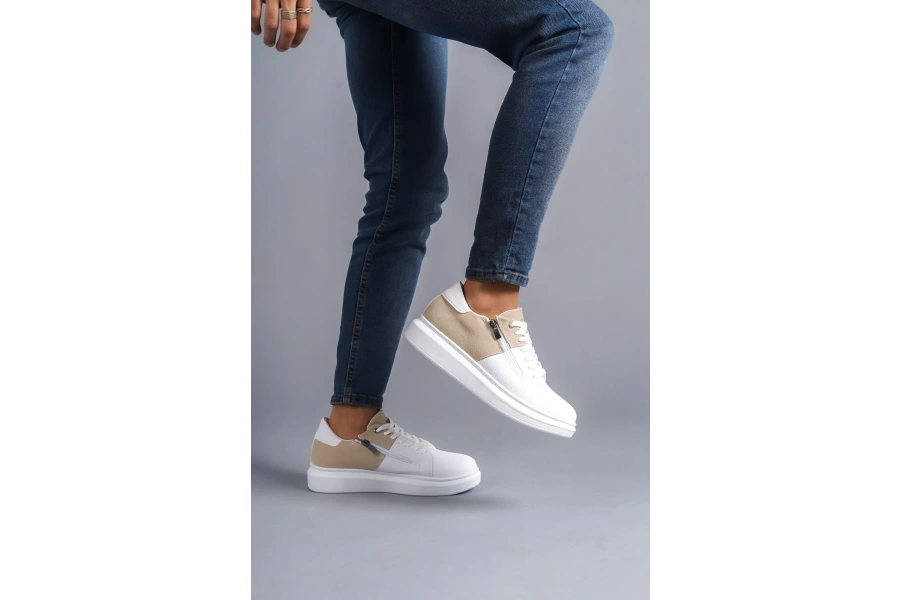 Swo155 Warrior Bağcıklı Ve Fermuarlı Cilt Süet Erkek Günlük Sneaker Ayakkabı Csbt - Beyaz/krem