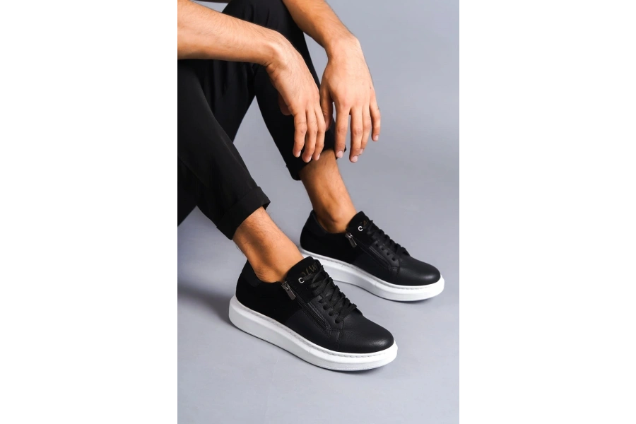 Swo155 Warrior Bağcıklı Ve Fermuarlı Cilt Süet Erkek Günlük Sneaker Ayakkabı Csbt - Siyah
