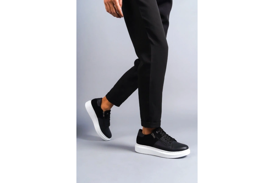 Swo155 Warrior Bağcıklı Ve Fermuarlı Cilt Süet Erkek Günlük Sneaker Ayakkabı Csbt - Siyah