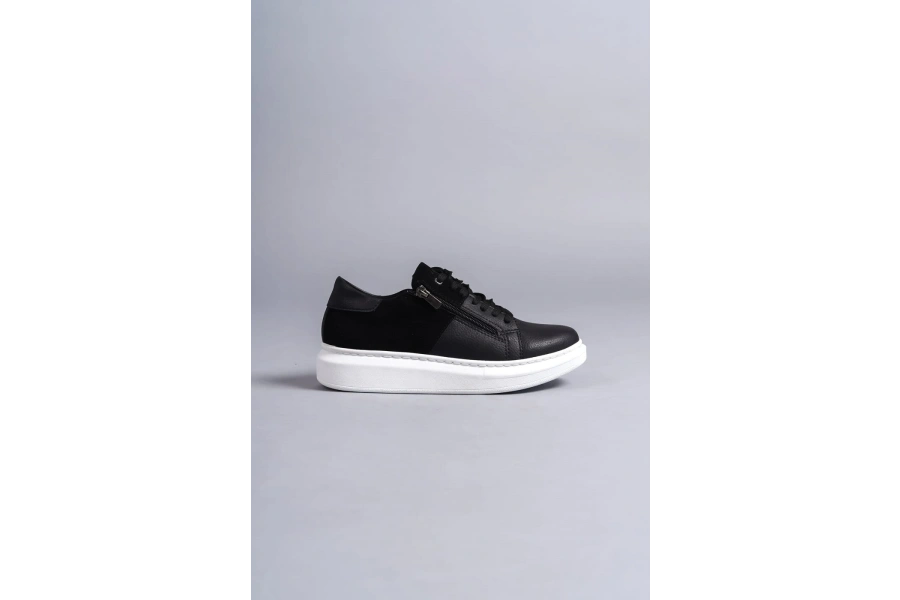 Swo155 Warrior Bağcıklı Ve Fermuarlı Cilt Süet Erkek Günlük Sneaker Ayakkabı Csbt - Siyah