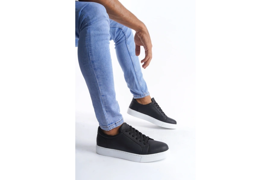 Swo165 Elite Bağcıklı Cilt Erkek Günlük Sneaker Ayakkabı Cbt - Siyah