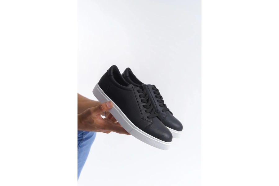 Swo165 Elite Bağcıklı Cilt Erkek Günlük Sneaker Ayakkabı Cbt - Siyah