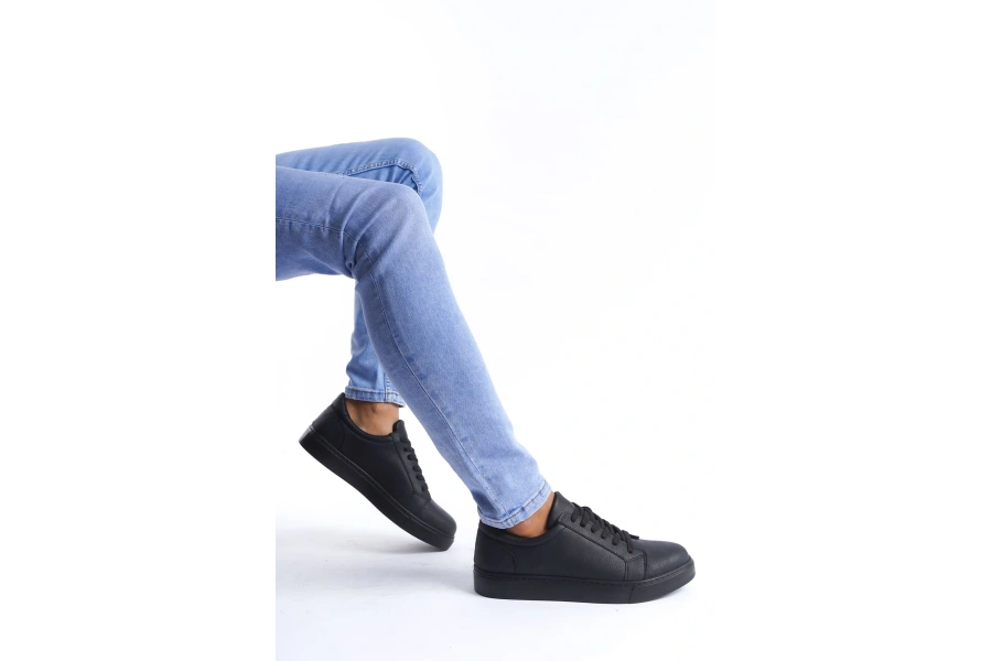 Swo165 Elite Bağcıklı Cilt Erkek Günlük Sneaker Ayakkabı Cst - Siyah