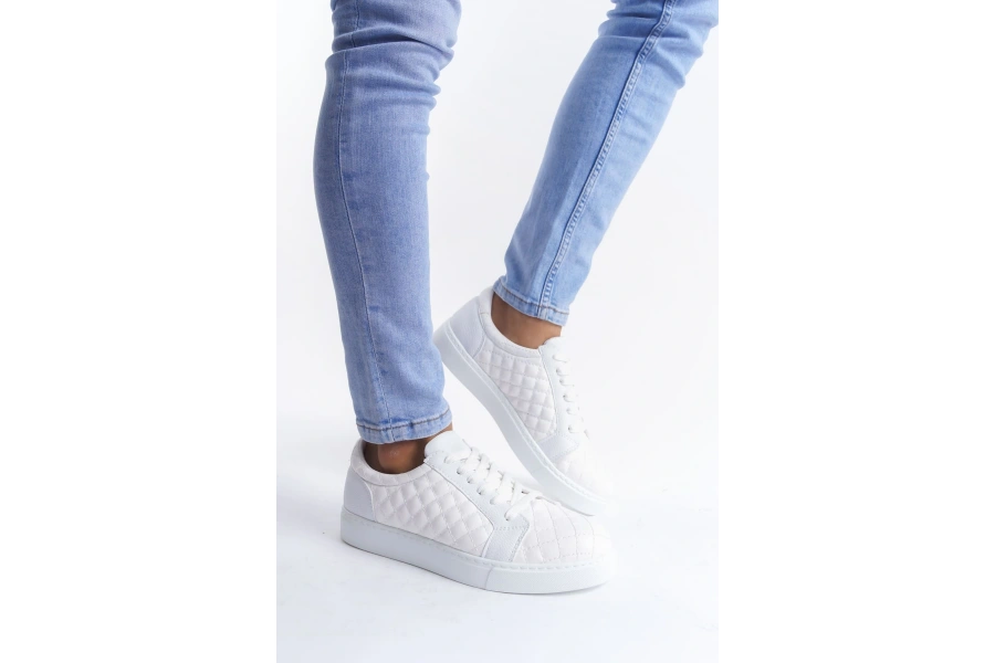 Swo166 Prestige Bağcıklı Cilt Kapitone Desenli Erkek Günlük Sneaker Ayakkabı Cbt - Beyaz
