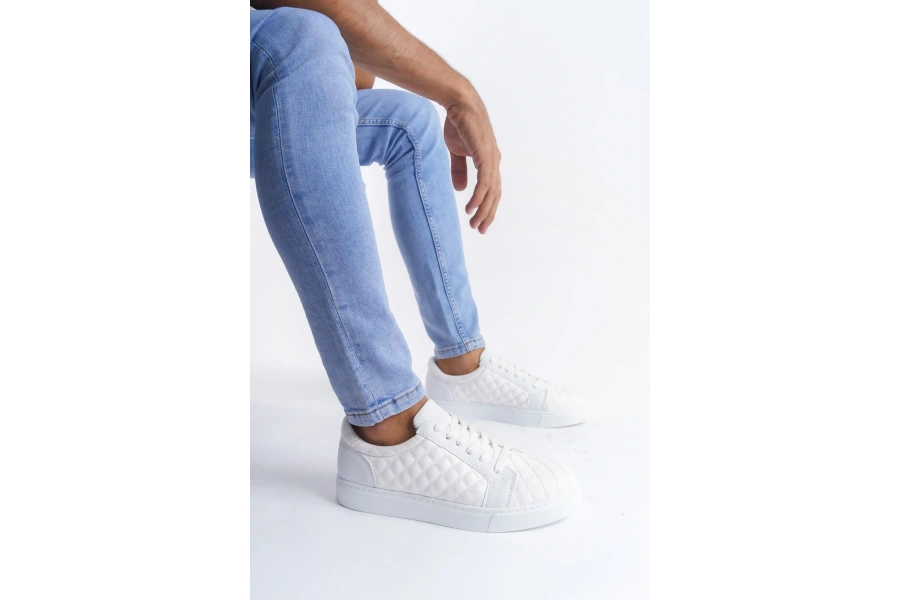 Swo166 Prestige Bağcıklı Cilt Kapitone Desenli Erkek Günlük Sneaker Ayakkabı Cbt - Beyaz