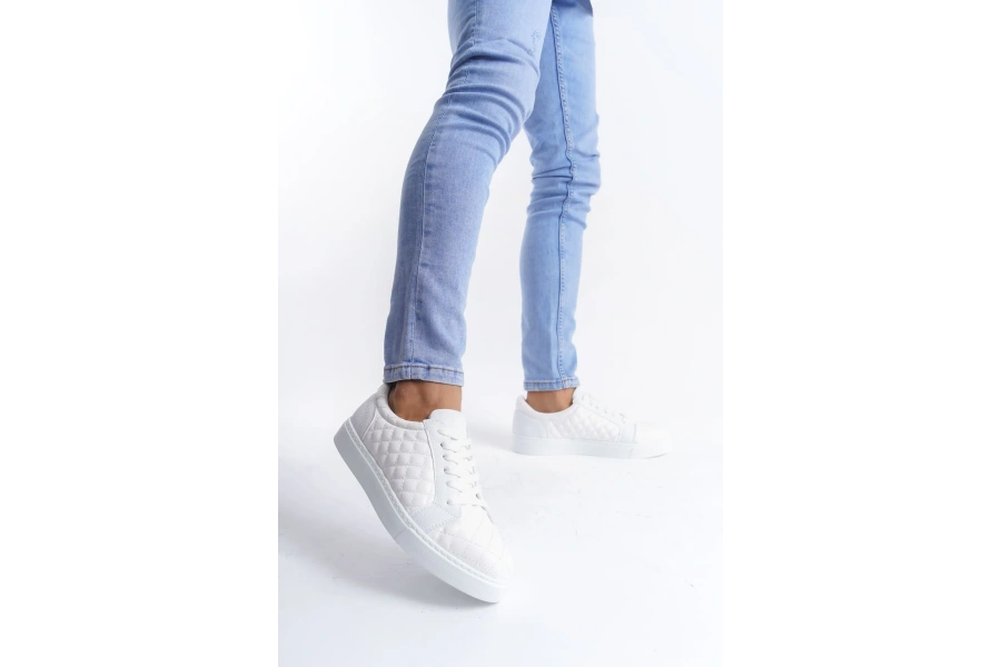 Swo166 Prestige Bağcıklı Cilt Kapitone Desenli Erkek Günlük Sneaker Ayakkabı Cbt - Beyaz