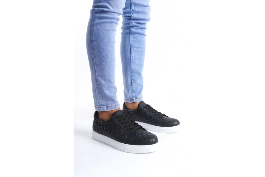 Swo166 Prestige Bağcıklı Cilt Kapitone Desenli Erkek Günlük Sneaker Ayakkabı Cbt - Siyah